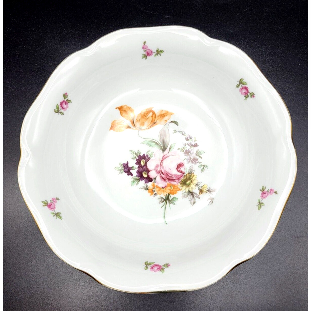Vtg Bohemia White Porcelain Serving Bowl Handpainted Flowers Czechoslovakia 9.5"